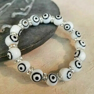 Handmade White Black Turkish Evil Eye Glass & Egyptian Crystal Talisman Bracelet